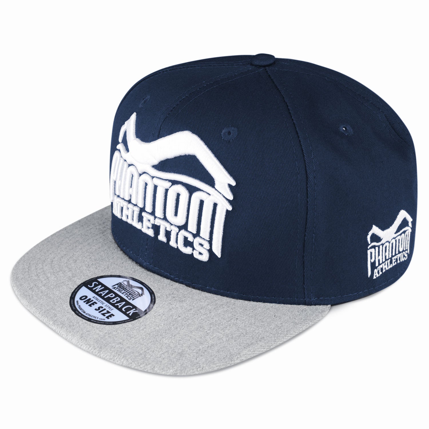 Phantom Cap für Kampfsportler. Navyblau/Graue Basecap mit flachem Schirm und hochwertig gesticktem Phantom Athletics Logo. Ideal für alle MMA Kämpfer, Boxer, Thaiboxer oder Kickboxer.