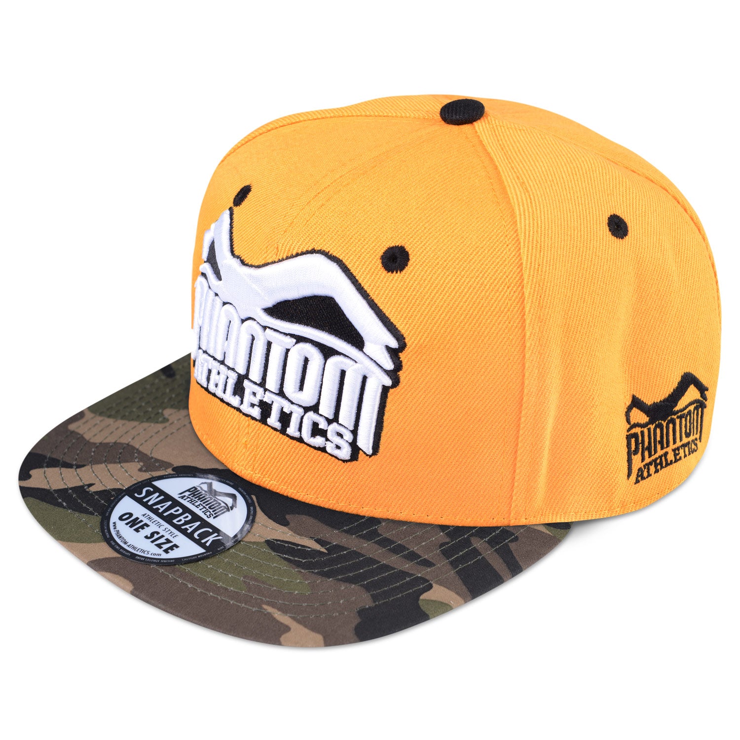 Phantom Cap für Kampfsportler. Orange/Grün Camo farbene Basecap mit flachem Schirm und hochwertig gesticktem Phantom Athletics Logo. Ideal für alle MMA Kämpfer, Boxer, BJJ Kämpfer, Thaiboxer oder Kickboxer.